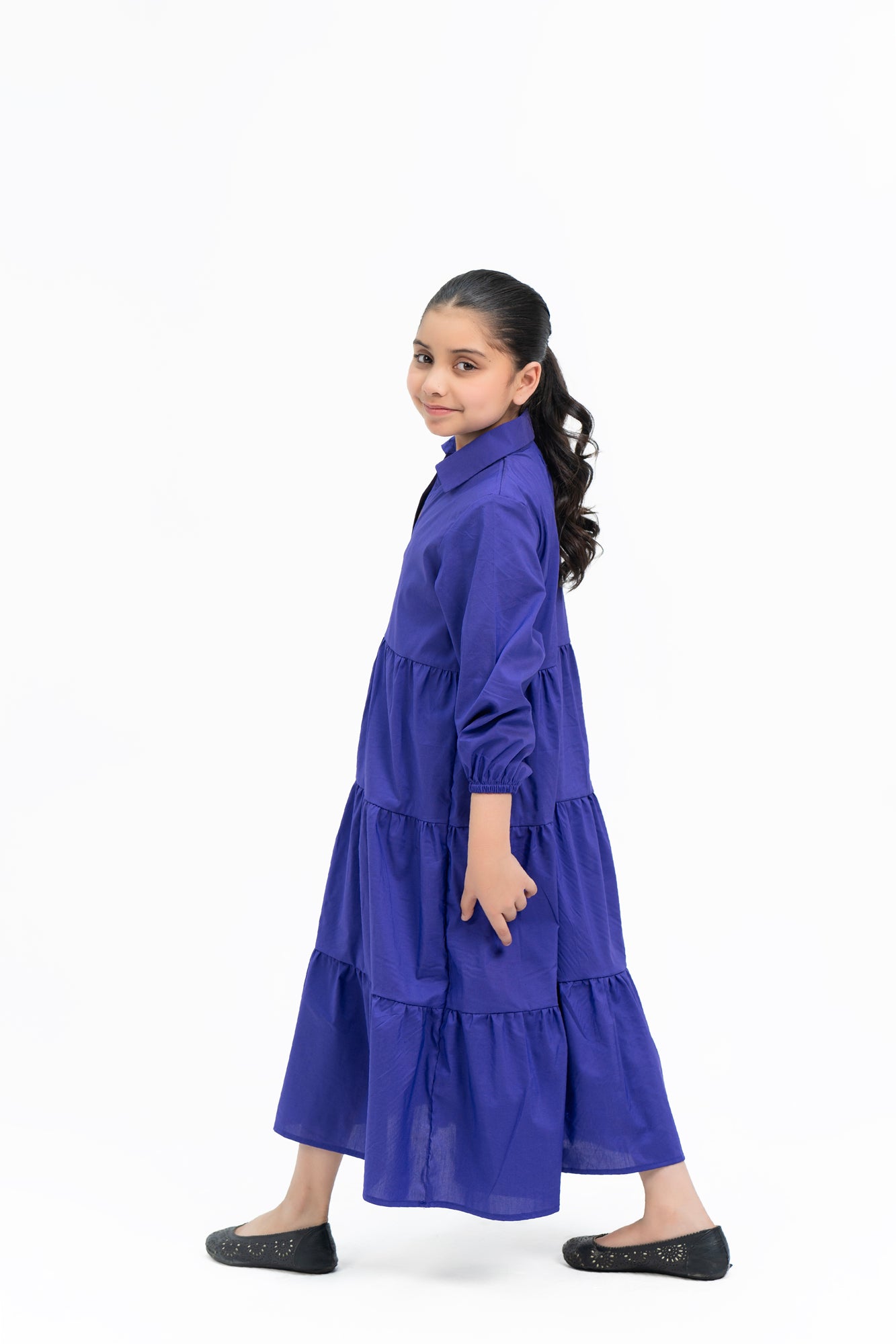 Girls V Neck Collared Dress - Purple