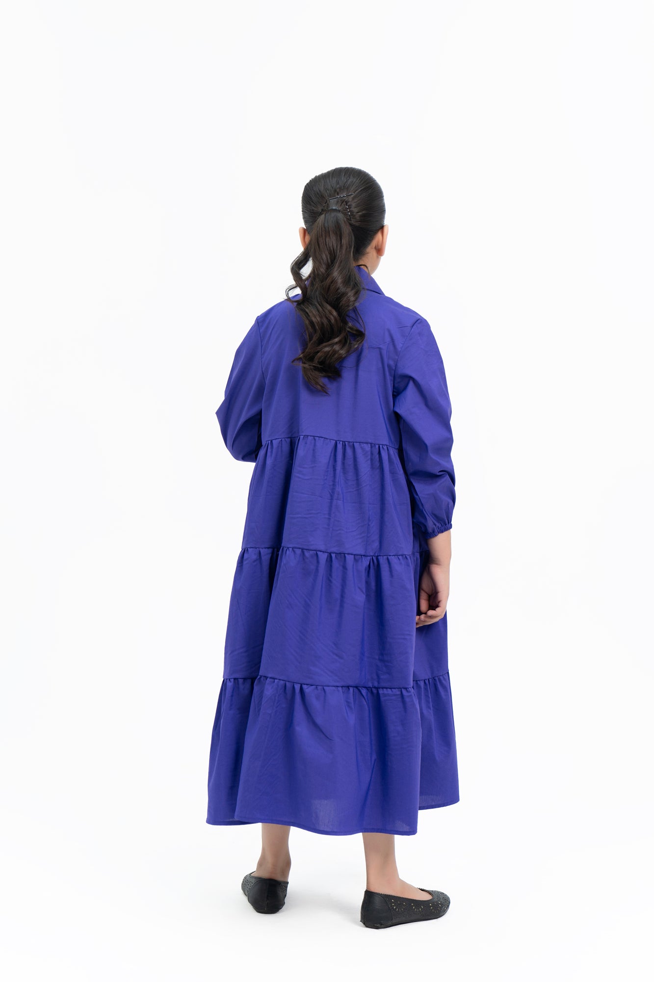 Girls V Neck Collared Dress - Purple