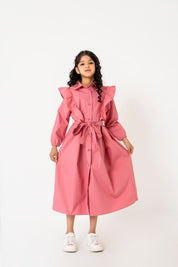 Girls Ruffle Trim Belted Dress - Tea Pink