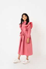 Girls Ruffle Trim Belted Dress - Tea Pink