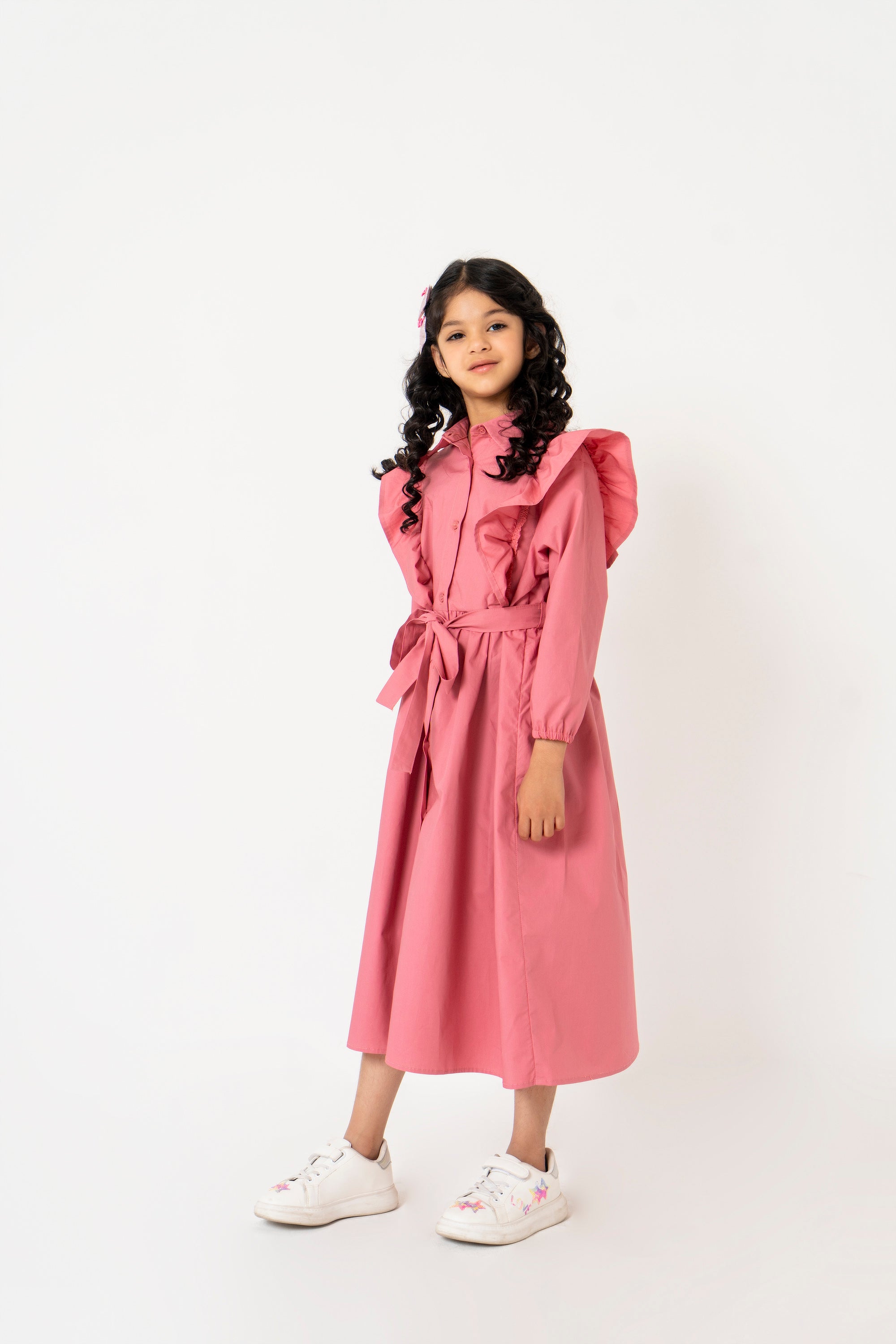 Girls Ruffle Trim Belted Dress - Tea Pink