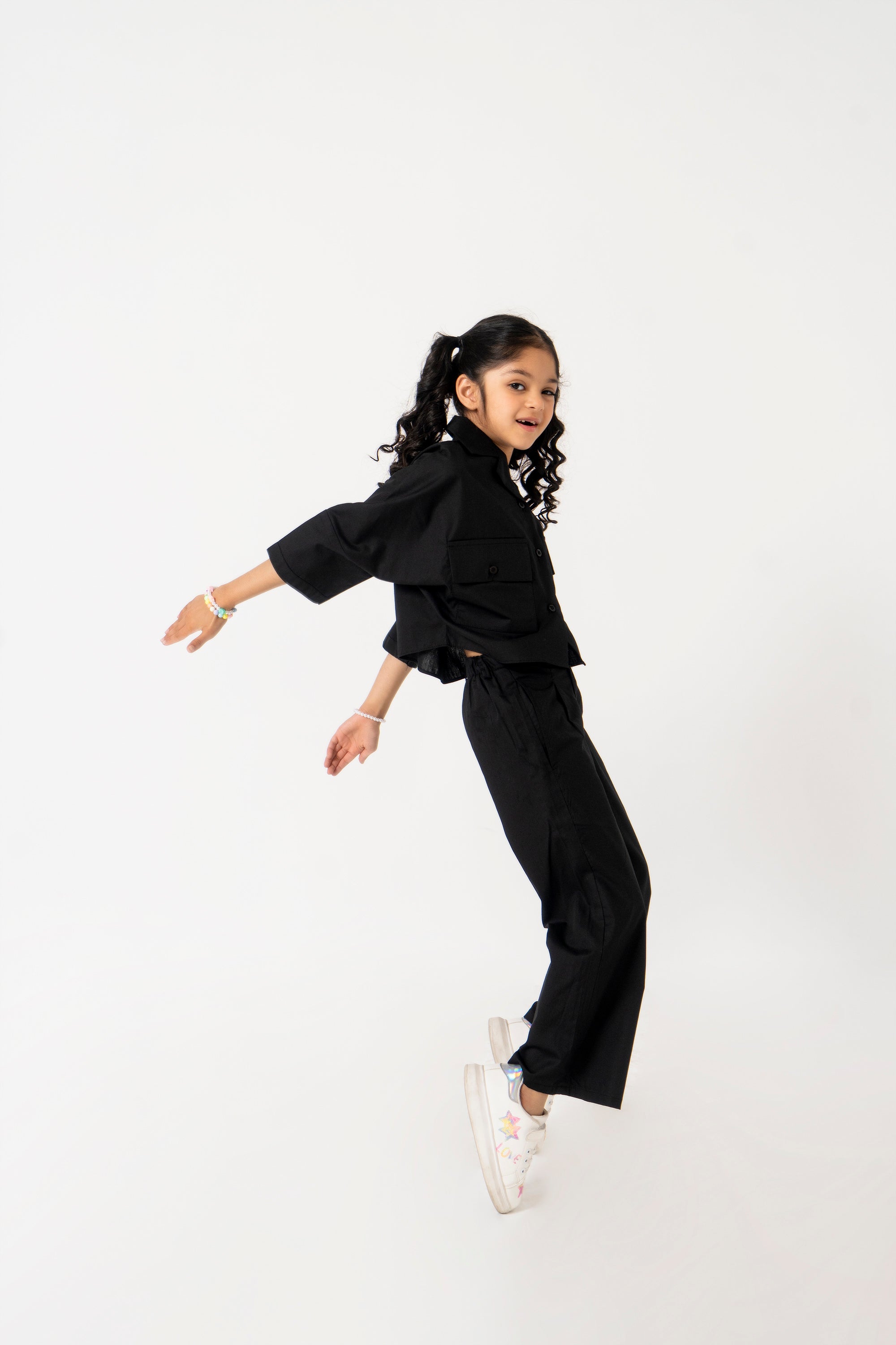 Girls High Waisted Culottes Pant With Pleat - Black