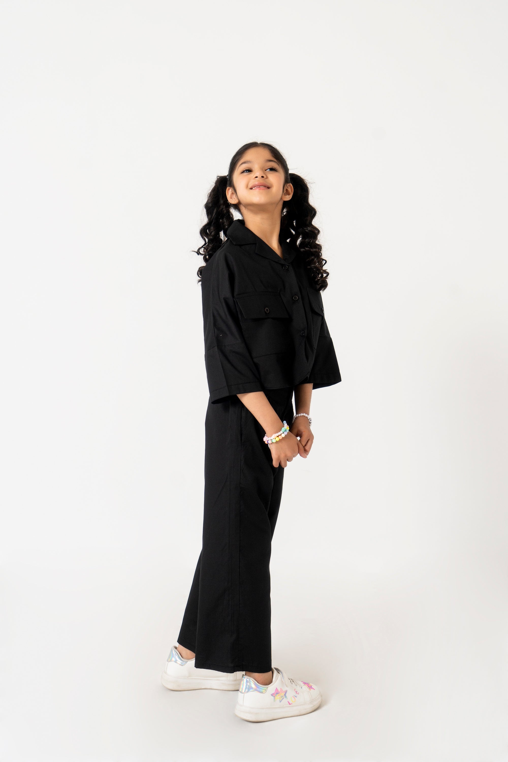 Girls High Waisted Culottes Pant With Pleat - Black