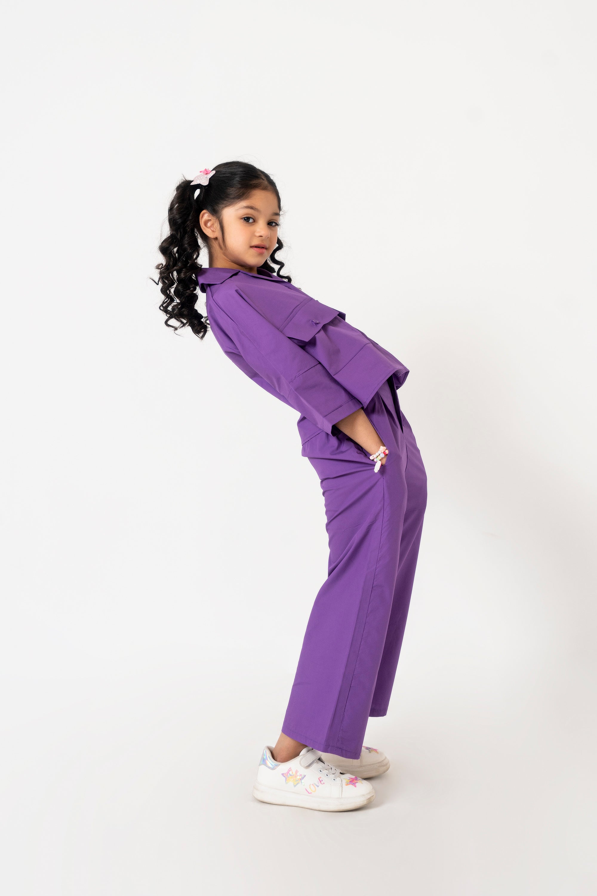Girls High Waisted Culotte Pant with Pleat - Purple