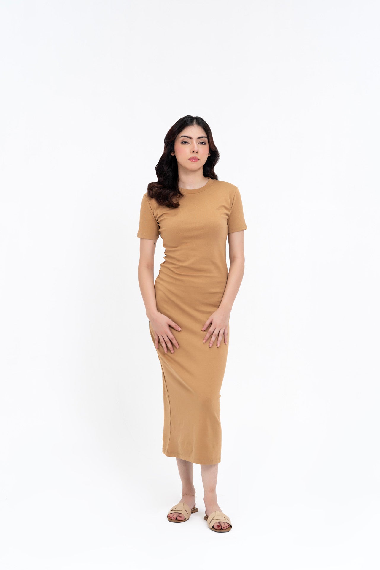 Short Sleeve Knit Dress - Camel Brown