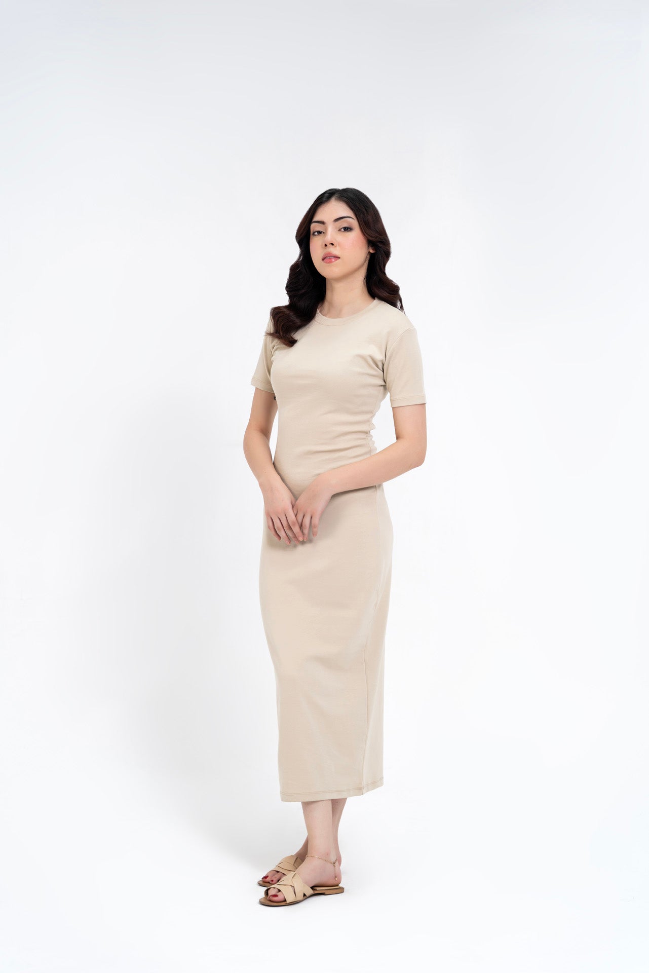 Short Sleeve Knit Dress - Beige