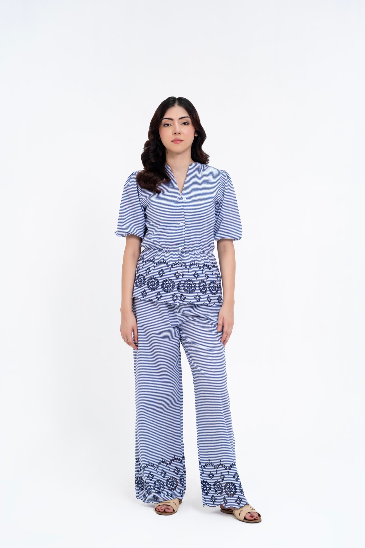 V Neck Puff Sleeve Cutwork Shirt - Navy Blue White Striped