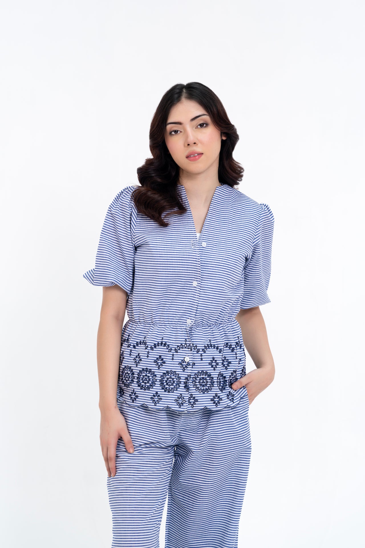 V Neck Puff Sleeve Cutwork Shirt - Navy Blue White Striped