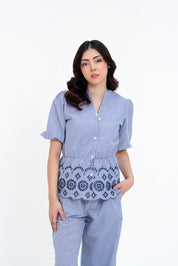 V Neck Puff Sleeve Cutwork Shirt - Navy Blue White Striped