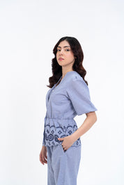 V Neck Puff Sleeve Cutwork Shirt - Navy Blue White Striped