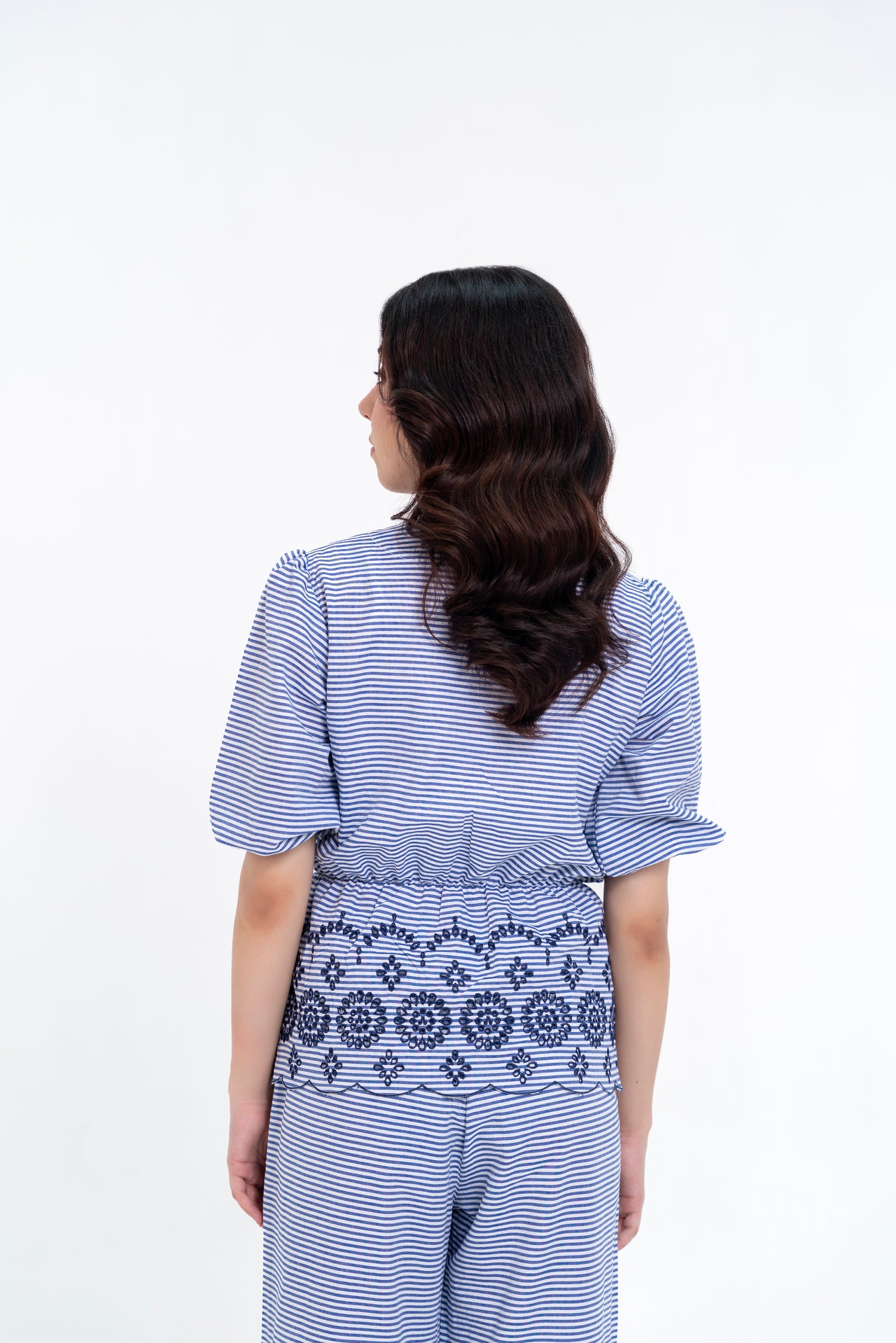 V Neck Puff Sleeve Cutwork Shirt - Navy Blue White Striped