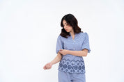 V Neck Puff Sleeve Cutwork Shirt - Navy Blue White Striped