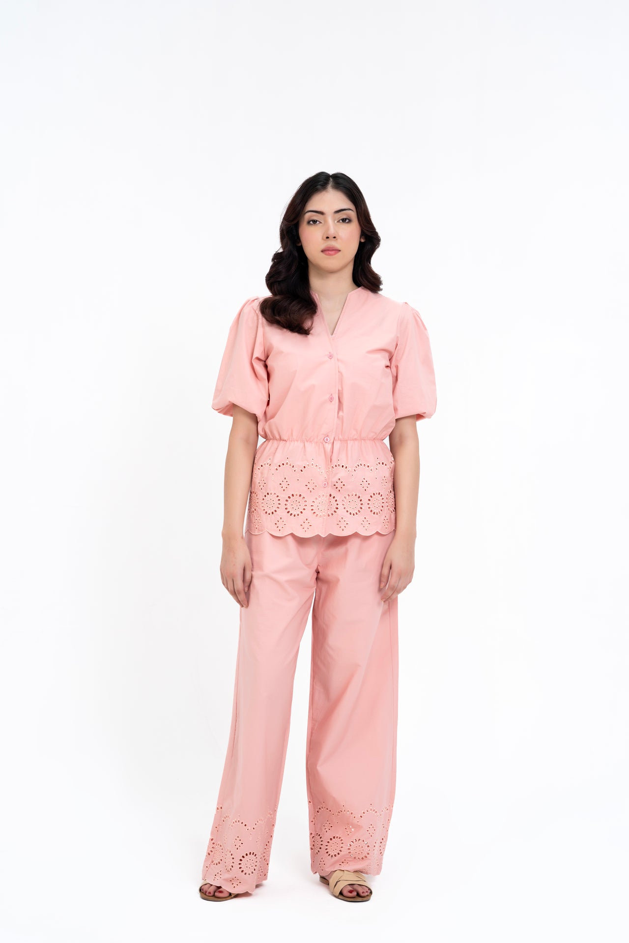 V Neck Puff Sleeve Cutwork Shirt  - Peachy Pink