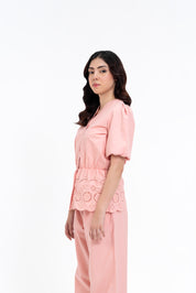 V Neck Puff Sleeve Cutwork Shirt  - Peachy Pink