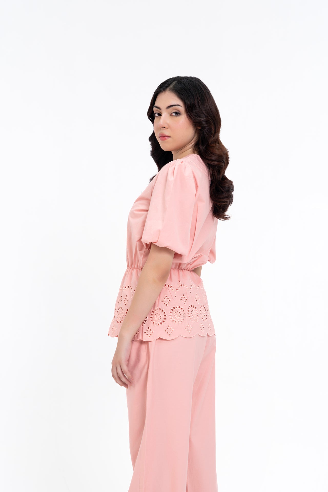 V Neck Puff Sleeve Cutwork Shirt  - Peachy Pink