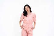 V Neck Puff Sleeve Cutwork Shirt  - Peachy Pink