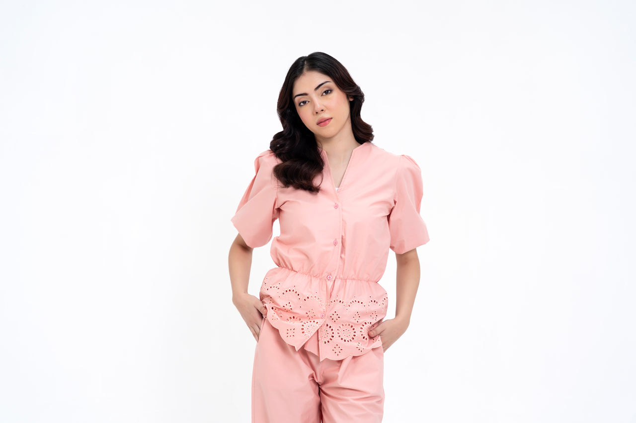 V Neck Puff Sleeve Cutwork Shirt  - Peachy Pink