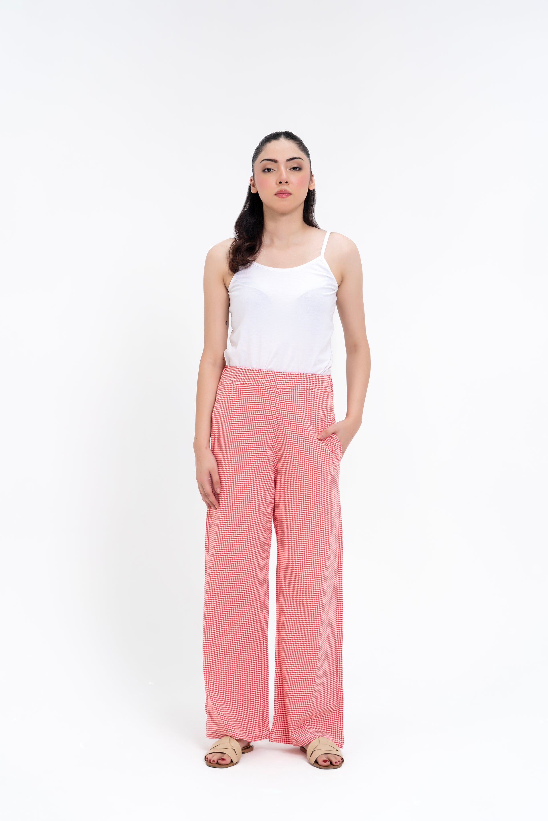 Textured Knit Wide Leg Pant - Red White