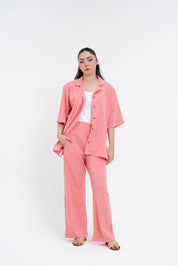 Textured Knit Resort Collar Shirt - Red White