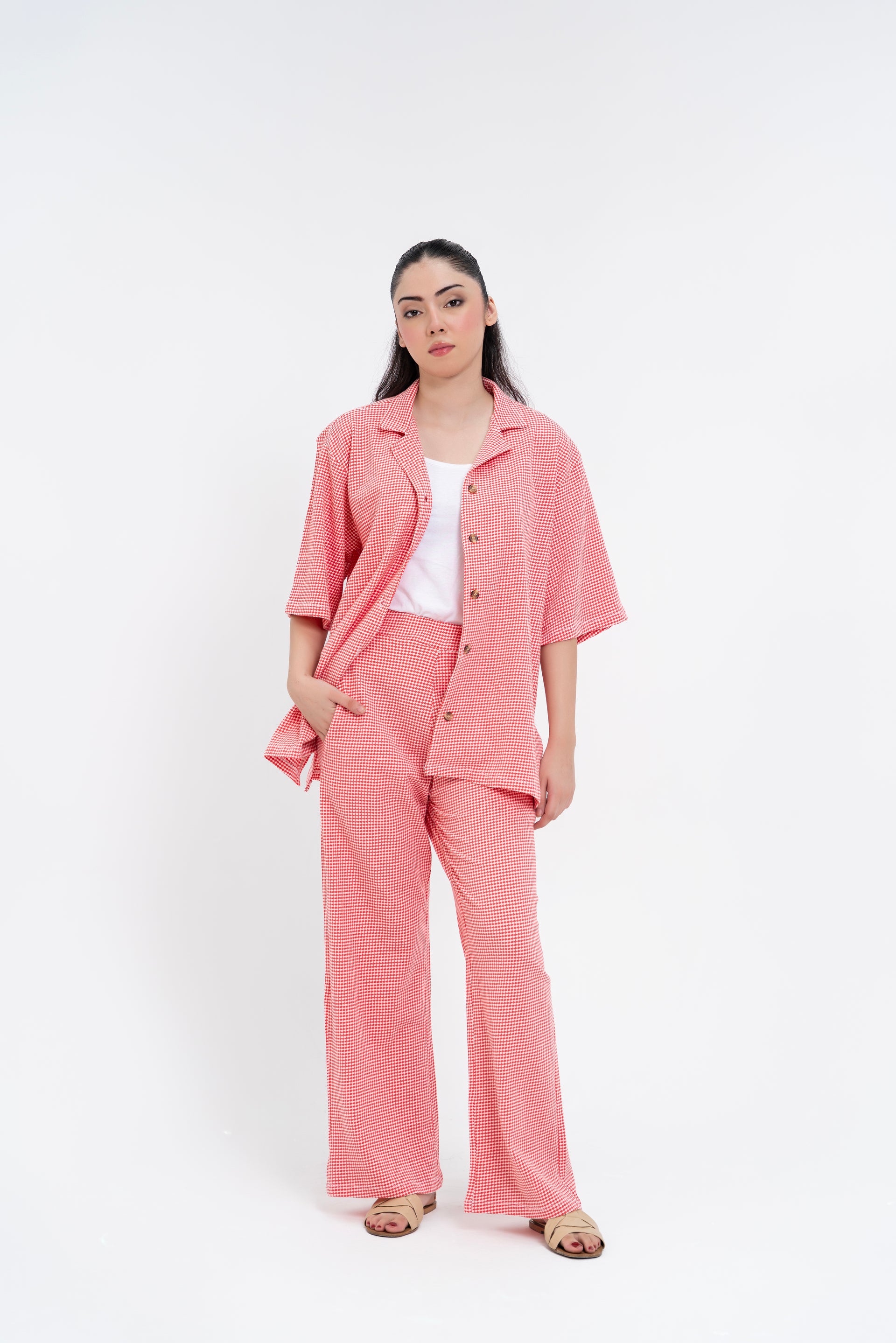 Textured Knit Resort Collar Shirt - Red White