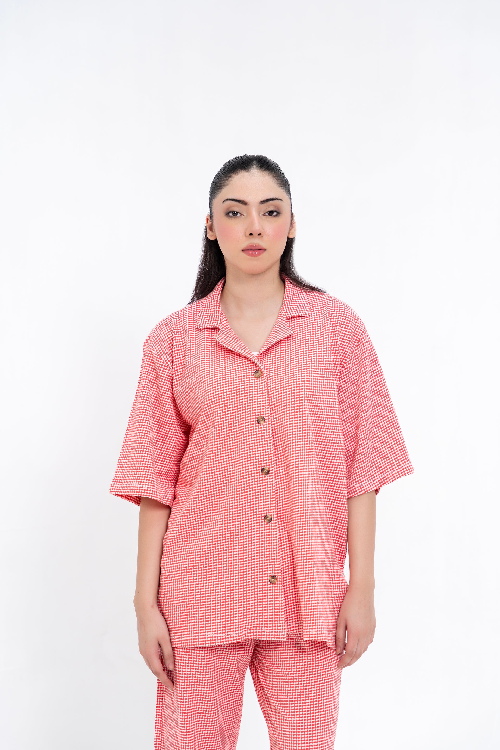 Textured Knit Resort Collar Shirt - Red White