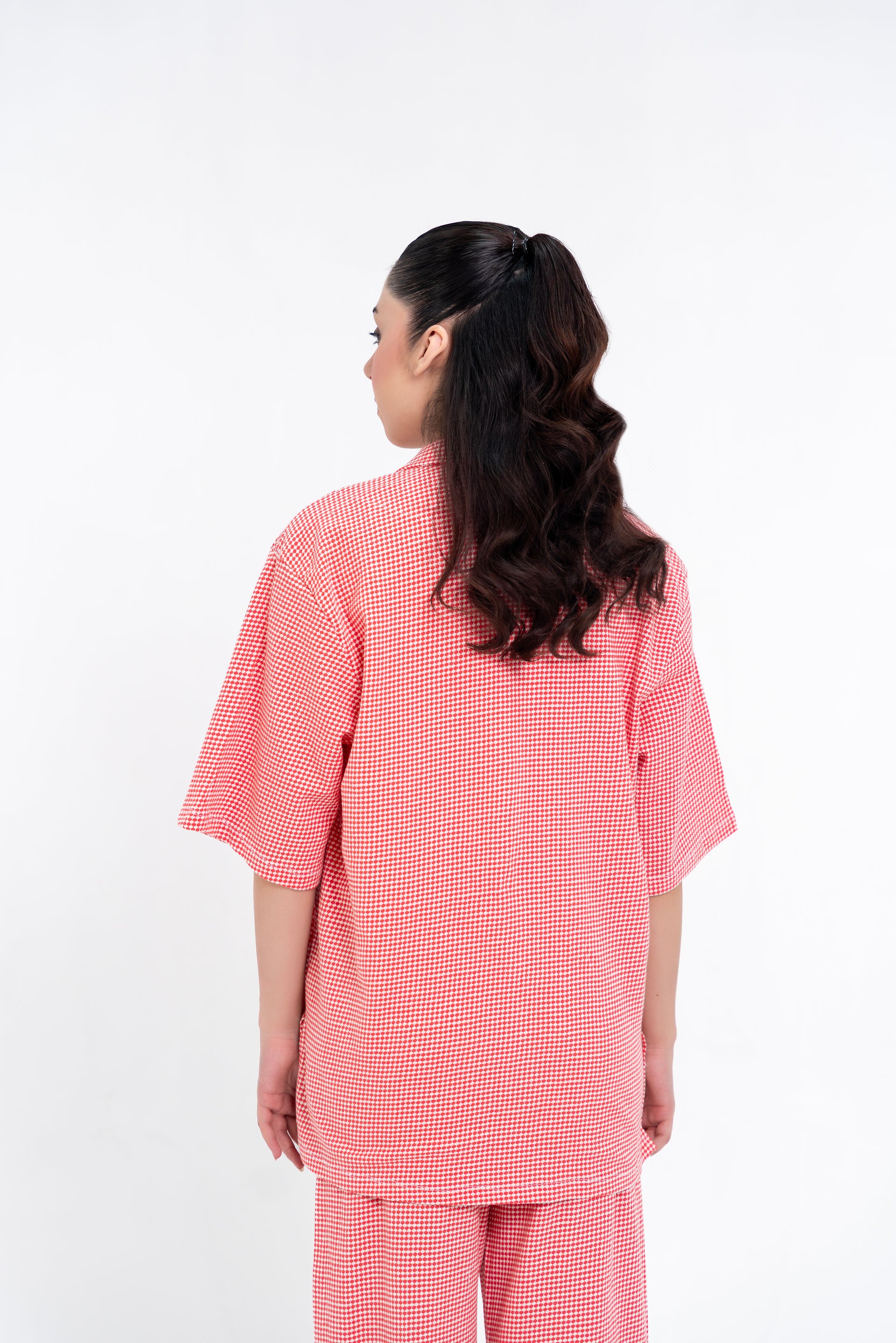 Textured Knit Resort Collar Shirt - Red White