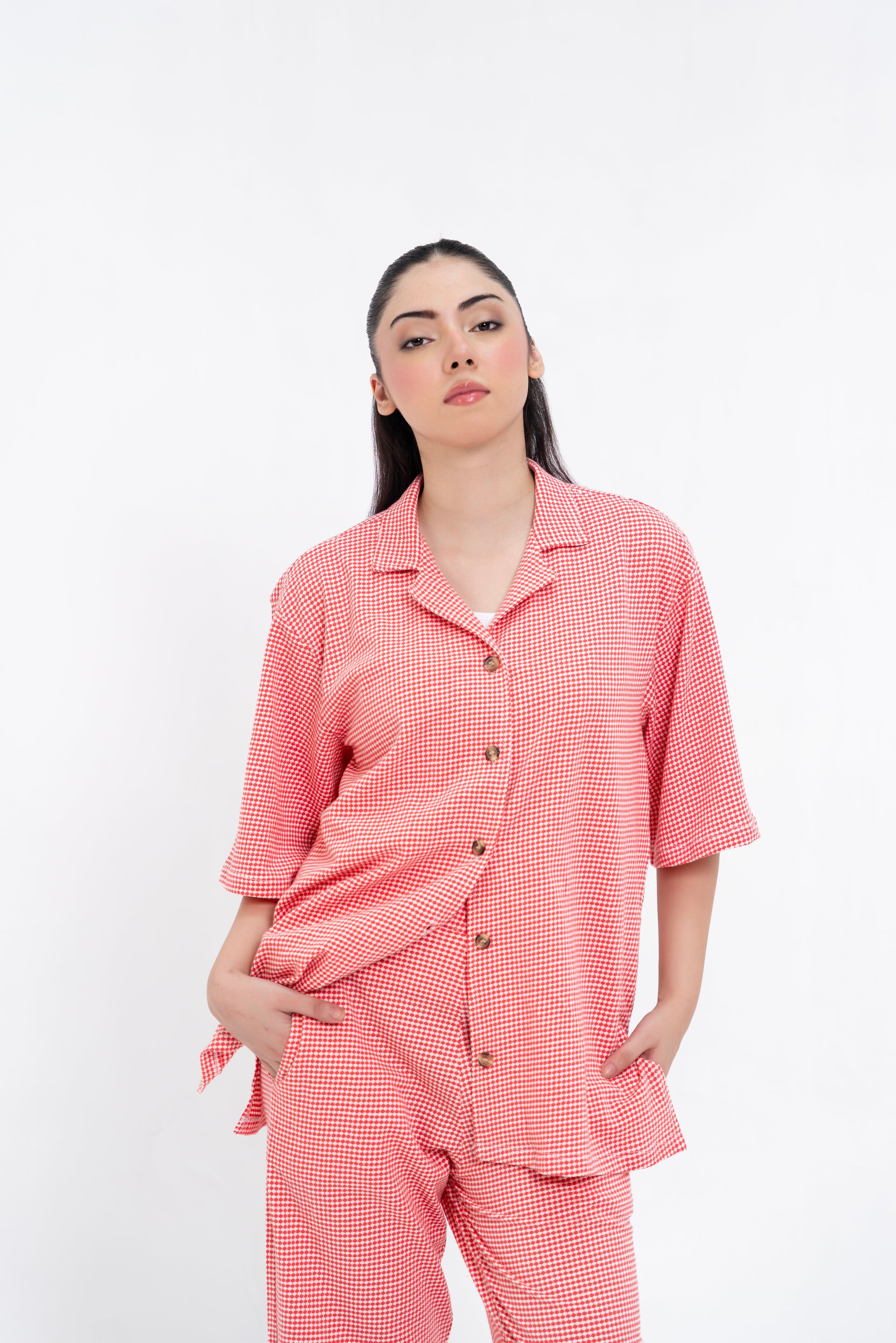 Textured Knit Resort Collar Shirt - Red White