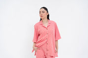 Textured Knit Resort Collar Shirt - Red White