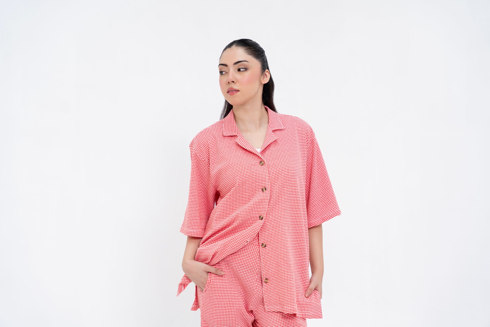 Textured Knit Resort Collar Shirt - Red White
