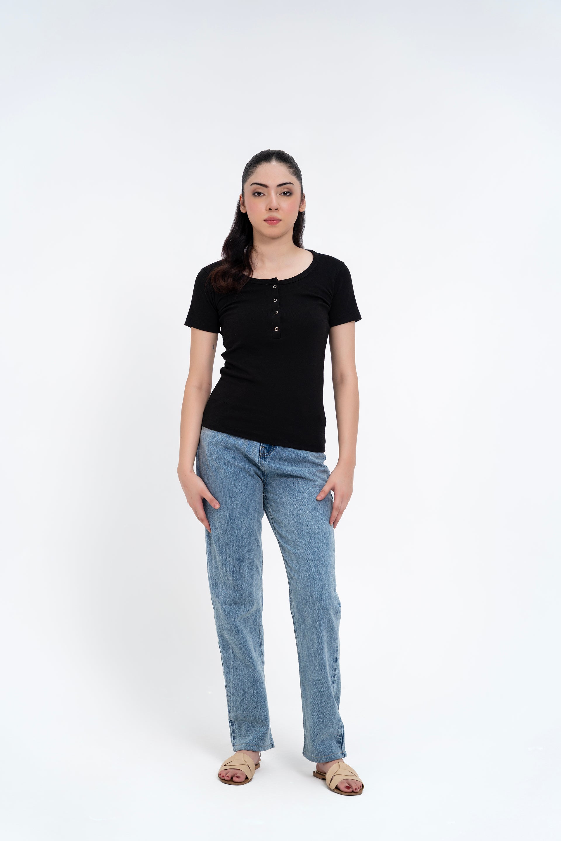 Short Sleeve Henley Top - Black