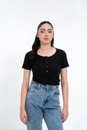 Short Sleeve Henley Top - Black