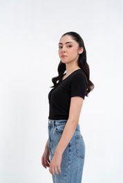 Short Sleeve Henley Top - Black
