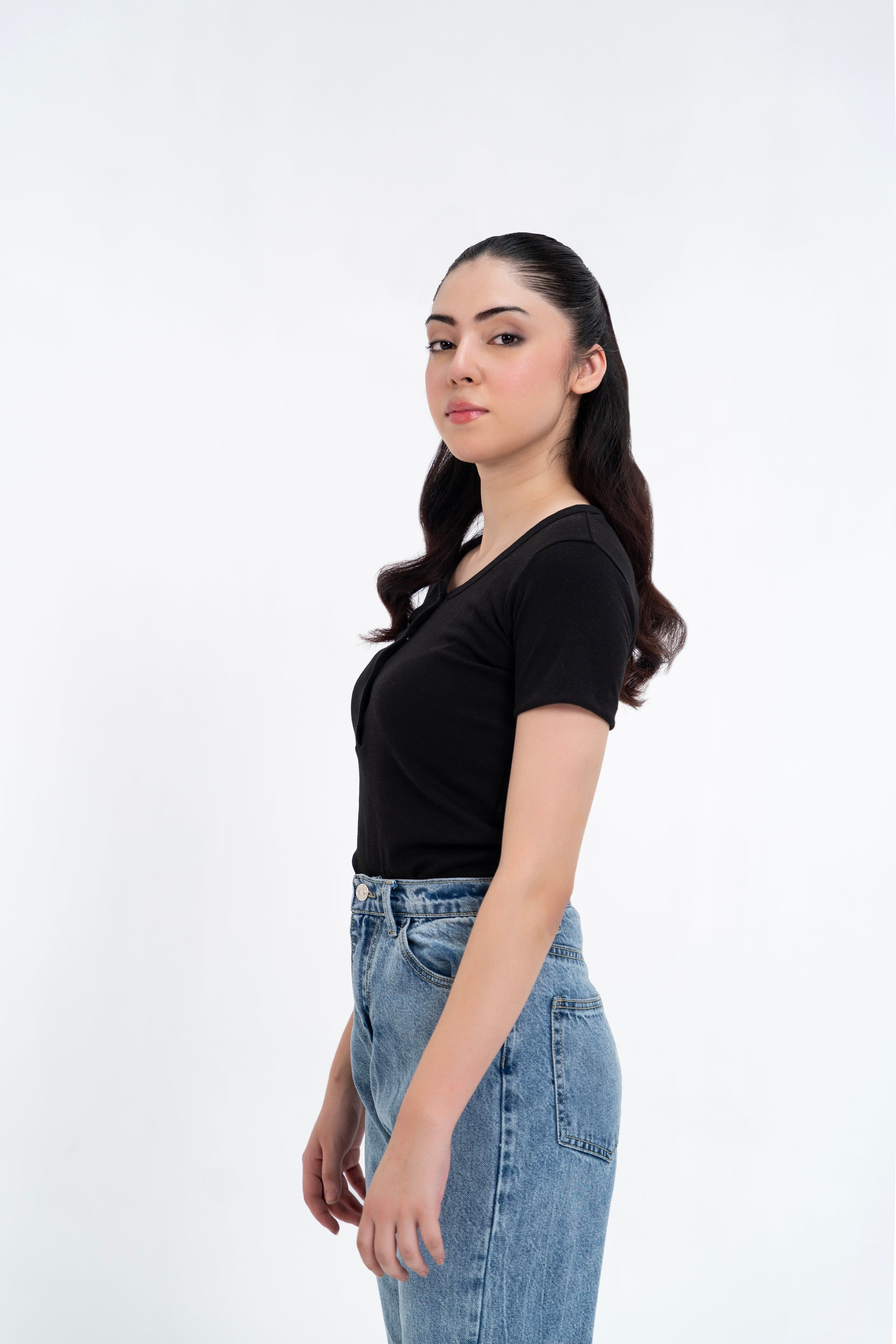 Short Sleeve Henley Top - Black