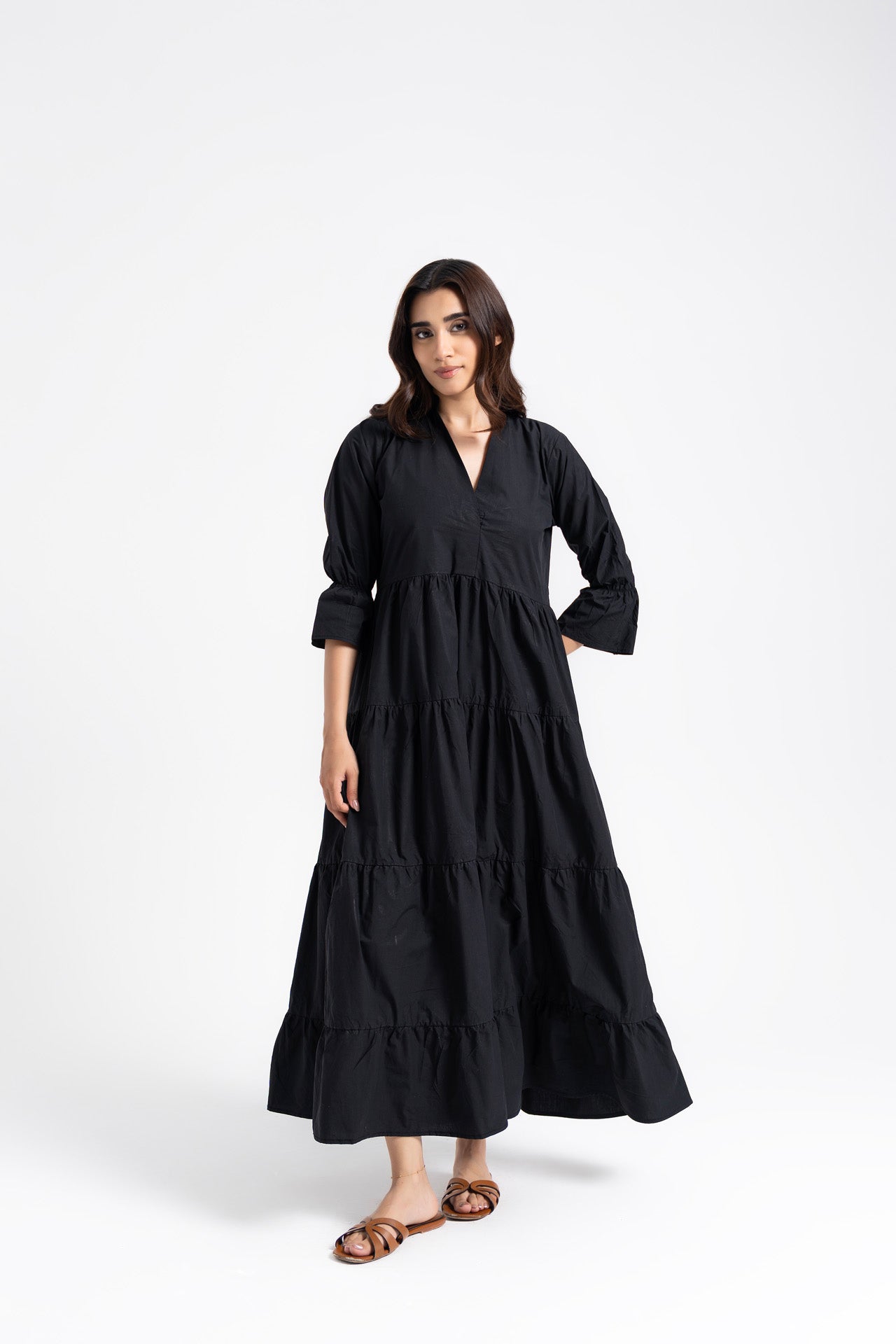 Mandarin Collared Maxi Dress - Black
