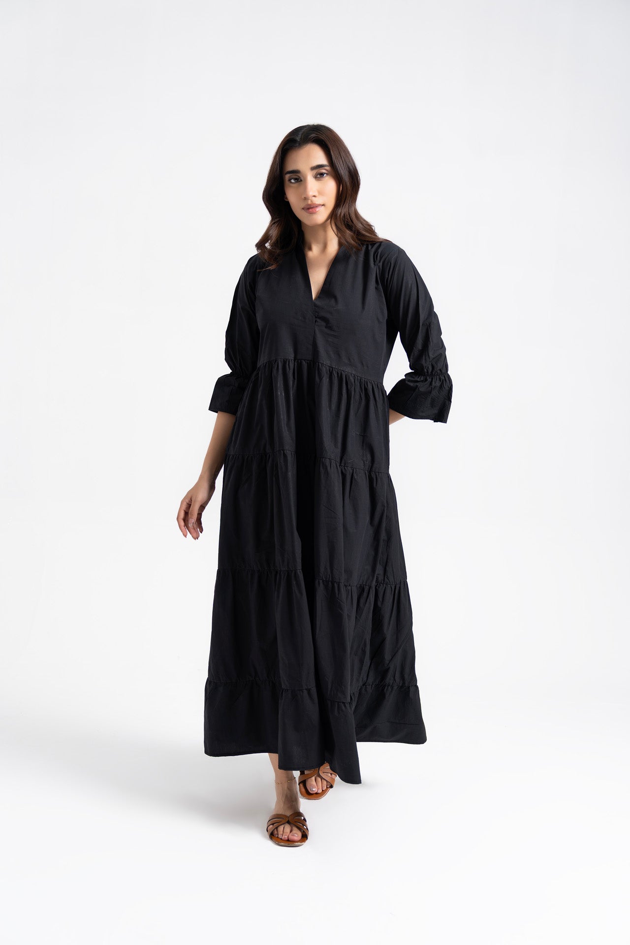 Mandarin Collared Maxi Dress - Black