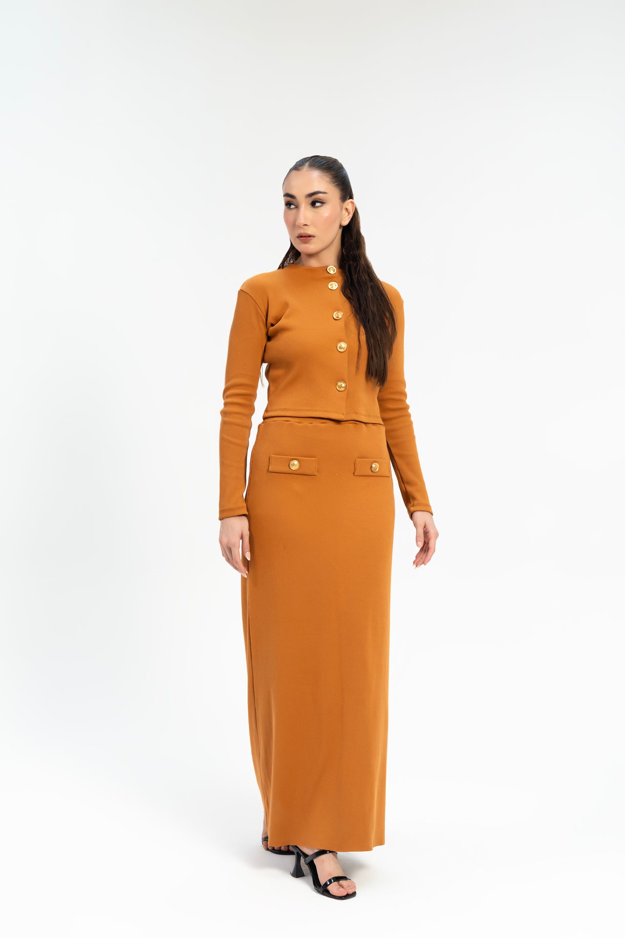 Cropped Knit Top with Golden Button - Mustard Brown