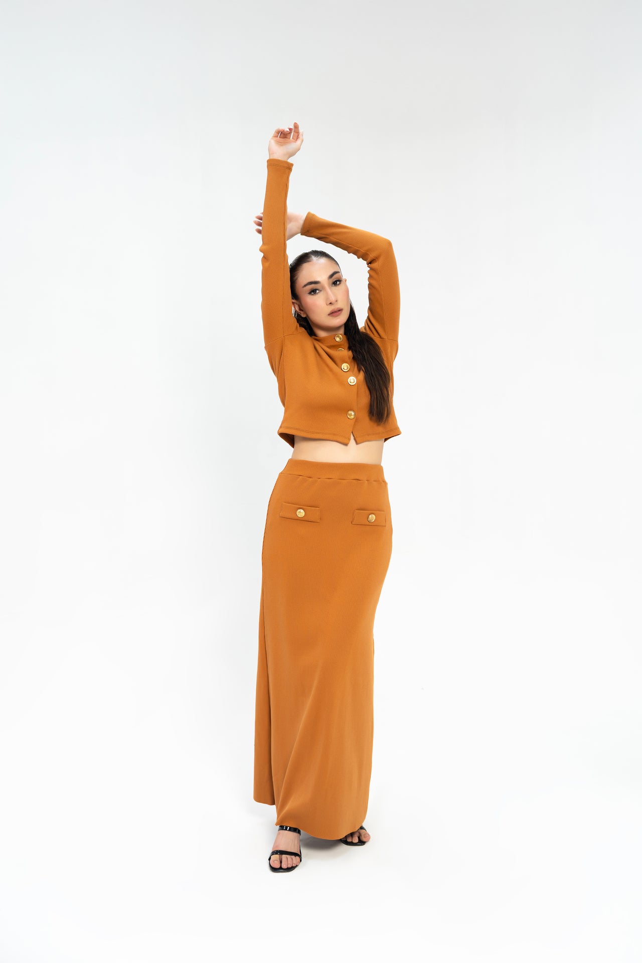 Knit Skirt with Golden Button - Mustard Brown