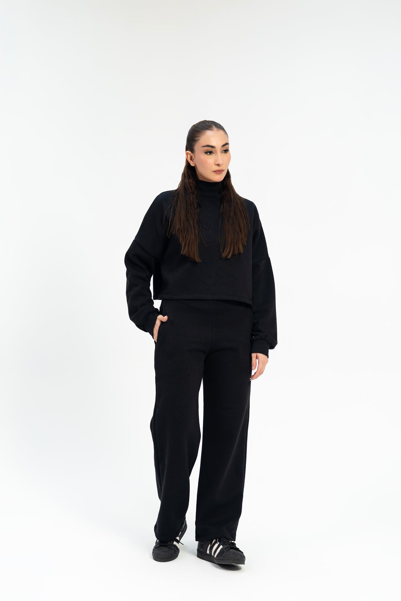 Cropped Mock Neck Pullover - Black