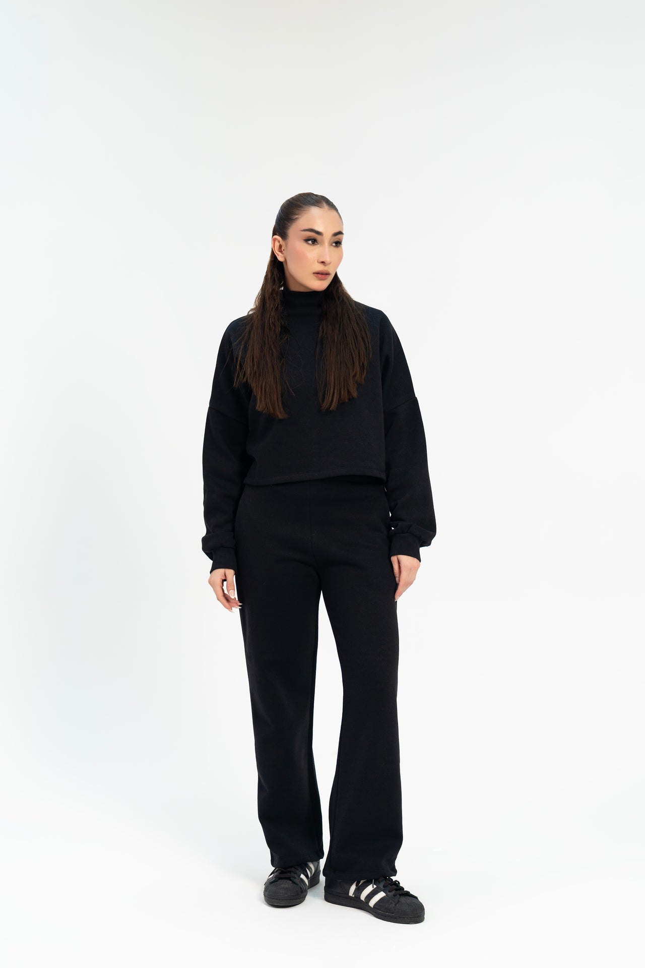 Cropped Mock Neck Pullover - Black