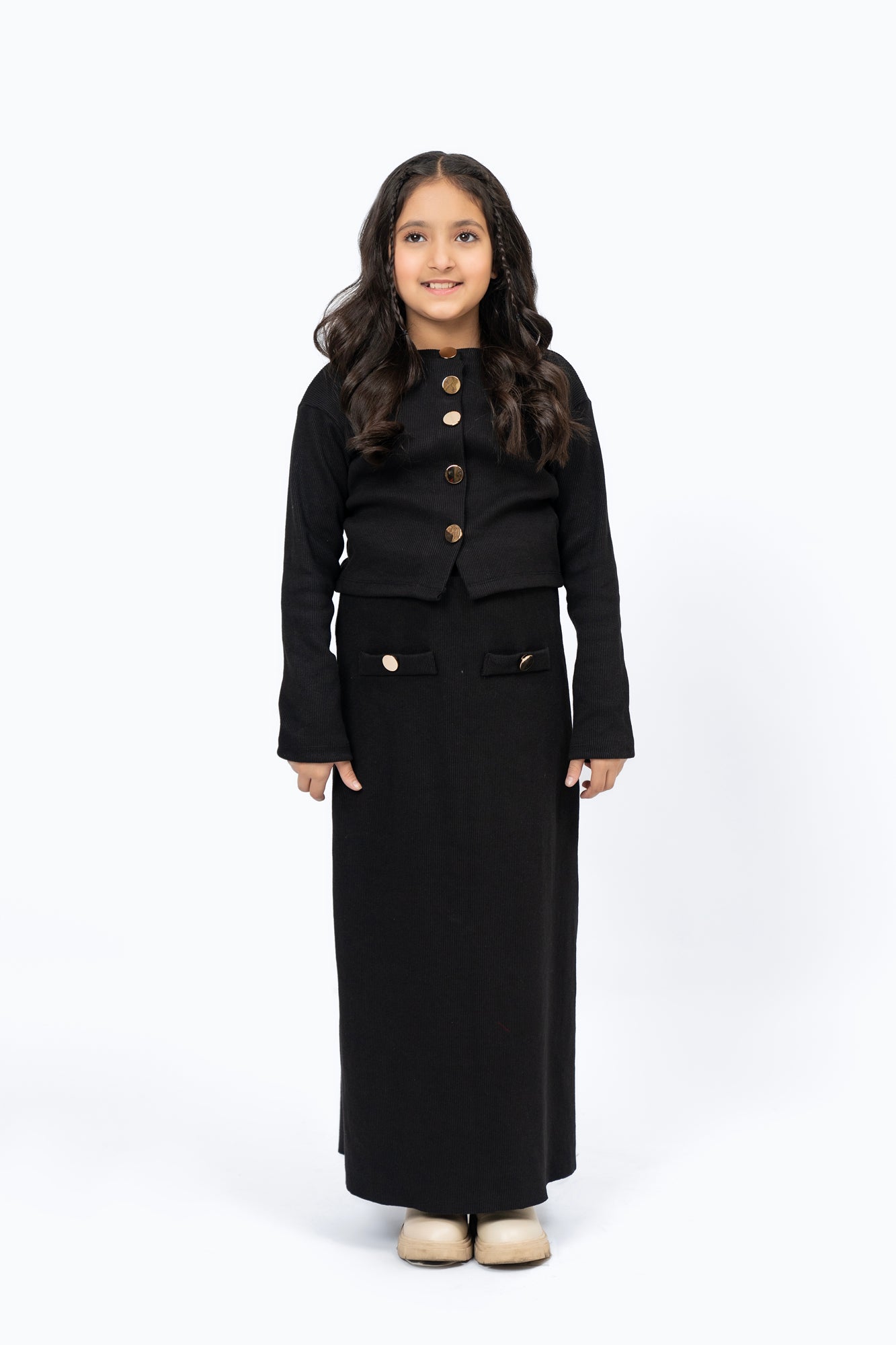 Girls Cropped Knit Top with Golden Button - Black