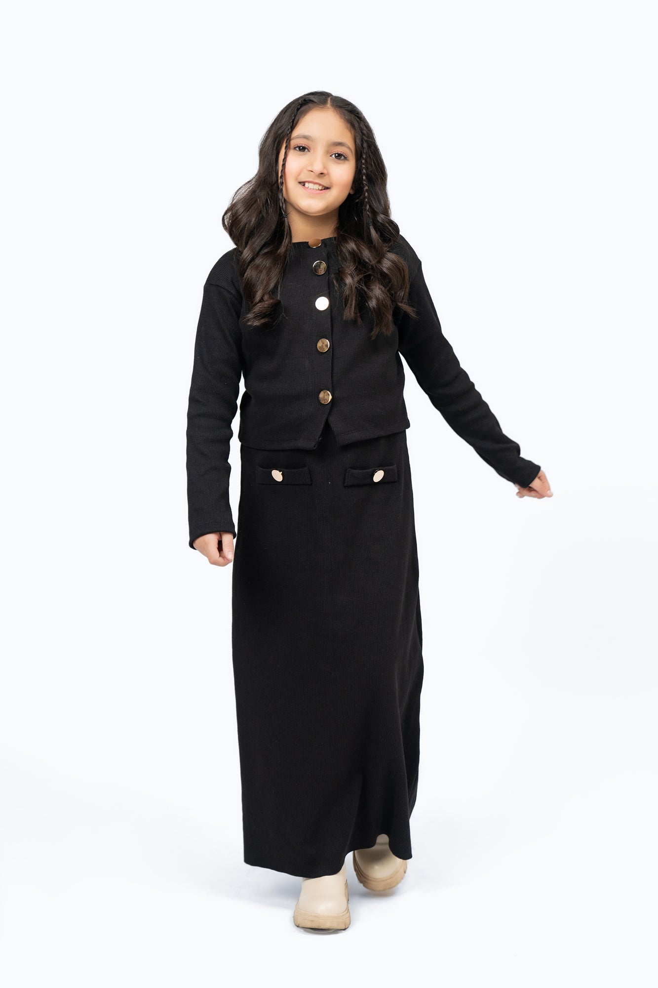 Girls Cropped Knit Top with Golden Button - Black