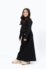 Girls Cropped Knit Top with Golden Button - Black