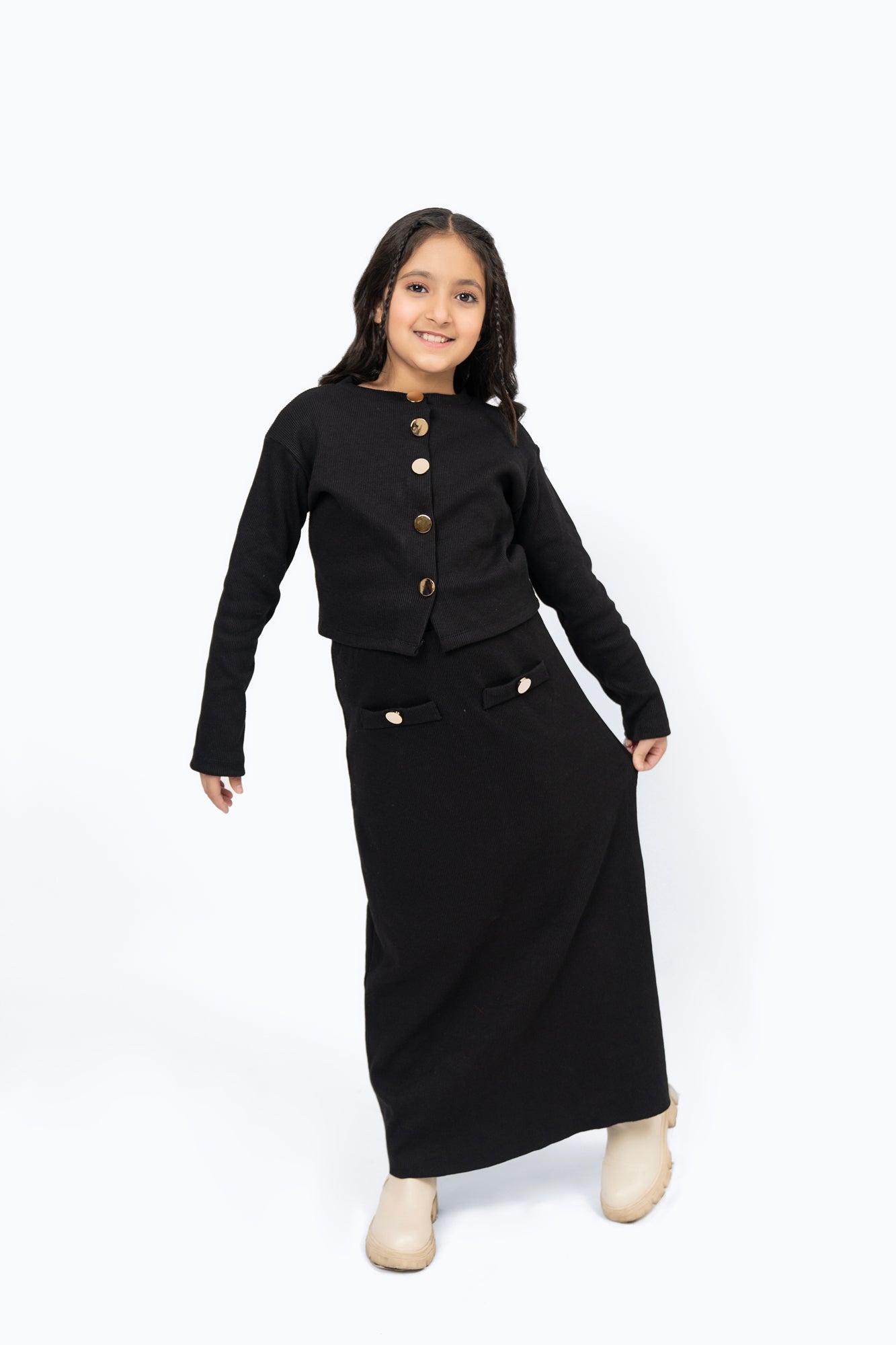 Girls Cropped Knit Top with Golden Button - Black