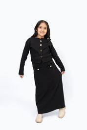 Girls Cropped Knit Top with Golden Button - Black