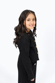Girls Cropped Knit Top with Golden Button - Black
