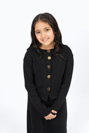 Girls Cropped Knit Top with Golden Button - Black