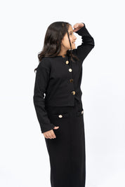Girls Cropped Knit Top with Golden Button - Black