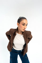 Suede Jacket with Zip - Chocolate Brown