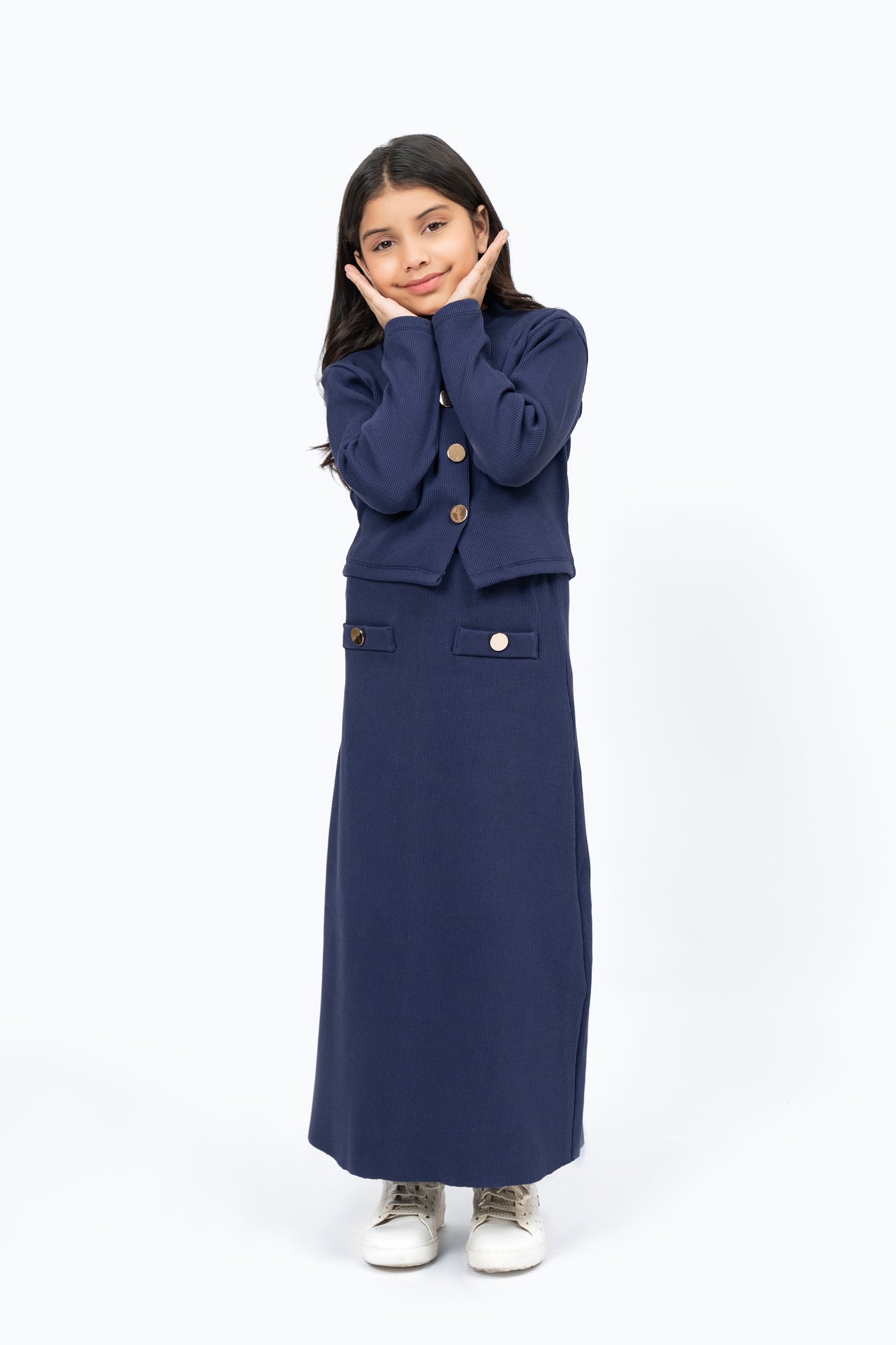 Girls Knit Skirt with Golden Button - Navy Blue