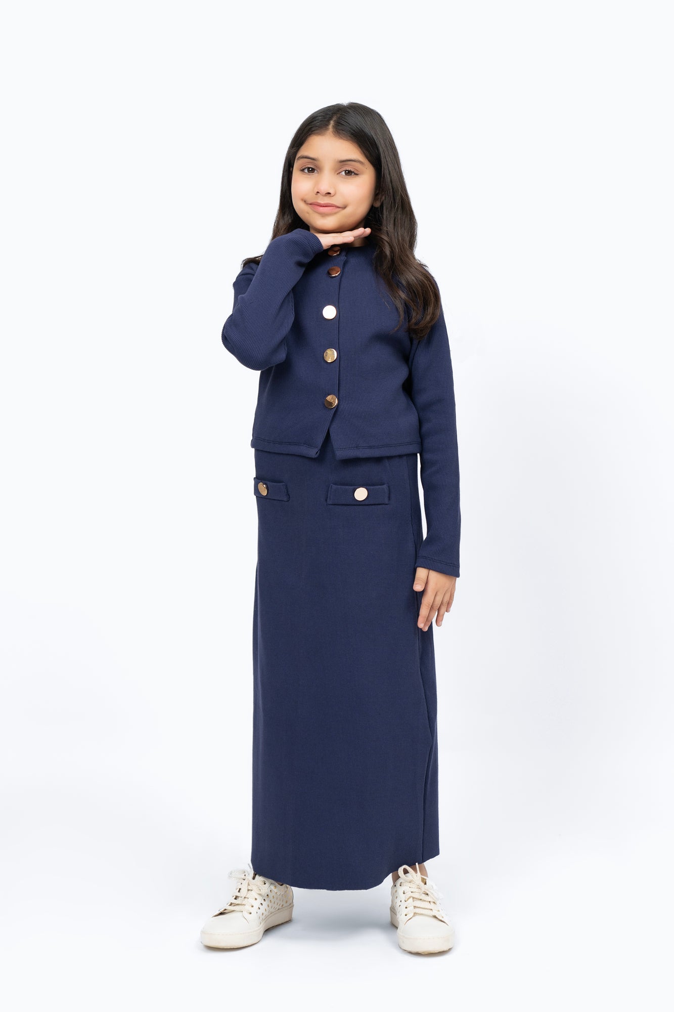 Girls Knit Skirt with Golden Button - Navy Blue